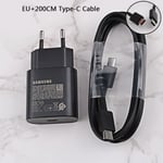 Câble noir EU 200cm-Chargeur d'origine Samsung S21 S22 5G 25W, charge super rapide USB Type C PD PPS, charge