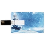 4G USB Flash Drives Credit Card Shape Winter Memory Stick Bank Card Style Artistic Rendition of Snowy Season of Year Frozen Pine Tree Snowflakes Falling Down Decorative Waterproof Pen Thumb Lovely Ju