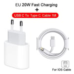 Charge rapide de l'UE-Chargeur USB PD 20W Original pour iPhone 13 12 11 14 Pro Max, câble de charge rapide p