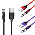 3pcs 0.5m Type C 3A Fast Charging Cable 360º + 180º Rotation Magnetic Cable USB C Data Sync Wire Compatible with Samsung Galaxy S9 S8 Note 9, LG V30 G6 G5 V20 and More (Black+Red+Purple)