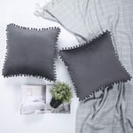 YINFUNG Pompom Velvet Cushion Covers Grey Charcoal 18x18 Accent Bed Cozy Soft Decorative Couch Toss Throw Pillow Cover Dark Grey Sofa Living Room 2 Set