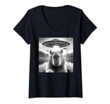 Womens Capybara UFO Funny Capybara Selfie with UFOs Alien Men Women V-Neck T-Shirt