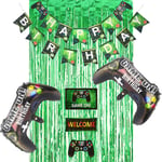 Video Game Party Supplies Set, Happy Birthday Banner, Green Tinsel Curtain, Game On Welcome Hanging Decor, Game Themed Party for Kids Game Birthday Party Decorations (Green Backdrop)