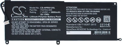 Kompatibelt med Hp Pro Tablet x2 612 G1(F1P90EA), 7.4V, 3800 mAh