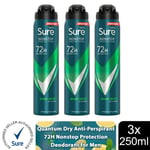 Sure Men Anti-perspirant 72H Nonstop Protection Quantum Dry Deodorant, 3x250ml
