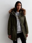 New Look Khaki Faux Fur Lined Hooded Parka Jacket, Dark Khaki, Size 6, Women