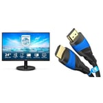 Philips 241V8LA- 24 Inch FHD Monitor, 75Hz, 4ms, VA, Speakers LowBlue, Flickerfree & HDMI Cable 8K / 4K – 0.25m – with A.I.S Shielding – Designed in Germany (supports all HDMI devices like PS5/Xbox