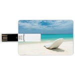 32G USB Flash Drives Credit Card Shape Seaside Decor Memory Stick Bank Card Style Maldivian Beach Sun bed at the Seashore Sunny Day Travel Destination Picture,Turquoise Off White Waterproof Pen Thumb
