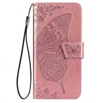 TANYO Flip Folio Case for OPPO Reno4 Pro 5G, PU/TPU Leather Wallet Cover with Cash & Card Slots, Premium 3D Butterfly Phone Shell - Rose Gold