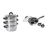 Tower Essentials Steamer Pans 3 Tier with Glass Lid, 18 cm & KitchenCraft 4 Egg Poacher Pan, Induction Safe, Carbon Steel, 21 cm