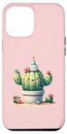 Coque pour iPhone 14 Plus Cactus rose souriant mignon avec fleurs et chapeau de fête
