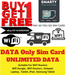 NEW Smarty UK WiFi MiFi Router £20 Unlimited DATA ONLY Sim Card 4G 5G dongle