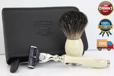 Men's Shaving Badger Brush Kit, 3 Edge Compatible Razor Beard Grooming Shave Set