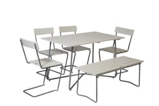 Grythyttan Stålmöbler B25 matgrupp Vitlackad ek/galvat 4 stolar, bänk 110 cm & bord 120 x 70 cm