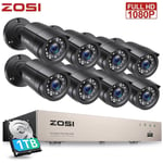 ZOSI 8CH H.265+ 5MP DVR Outdoor 1080P CCTV Home Security Camera System 1TB HDD
