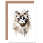 Grey Point Ragdoll Cat Blue Eyes Watercolour Pet Portrait Blank Greeting Card