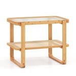Bamboo Side Table w/ Rattan Shelf 2-tier Glass Top End Table, Home Rectangular Sofa Side Accent Table