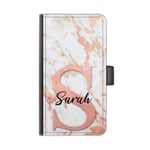 Hairyworm Personalised Initials Case, Pink Initial Name on Peach Marble Leather Side Flip Wallet Cover for Apple iPod touch (6th Gen/7th Gen)