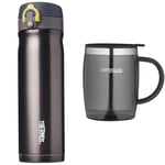 Thermos 185198 Direct Drink Flask, Charcoal, 470 ml, Stainless Steel, Black & ThermoCafe Translucent Desk Mug, Gun Metal, 450 ml