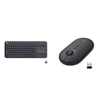 Logitech K400 Plus Wireless Touch TV Keyboard With Easy Media Control and Built-in Touchpad, HTPC Keyboar - Black & Pebble Wireless Mouse - Graphite/Black