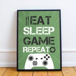 RED OCEAN Gamer Gift Funny Son Birthday Gift Gaming Print Framed Boys Bedroom Decor Xbox Fan Gift (A4 Print with Black Frame - Gaming Eat Sleep Game Repeat Green)
