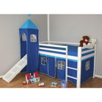 Décoshop26 - Lit mezzanine 90x200cm avec échelle toboggan en bois laqué blanc et toile bleu incluse