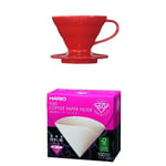Hario V60 Red Ceramic Coffee Dripper 01 with Misarashi V60 Paper Filters 100 Sheets & Measuring Scoop
