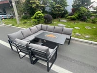 Aluminum Outdoor Garden Furniture Corner Sofa 2 PC Chairs Gas Fire Pit Dining Table Sets Gas Heater Burner Dark Grey 9 Seater