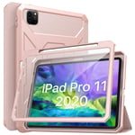 MoKo Case Fit iPad Pro 11 2nd Gen 2020 & 2018, [Built-in Screen Protector] Full-Body Shockproof Case Smart Shell Trifold Stand Cover with Auto Sleep/Wake & Pencil Holder - Rose Gold