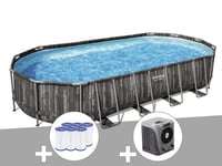 Kit piscine tubulaire ovale Bestway Power Steel décor bois 7,32 x 3,66 x 1,22 m + 6 cartouches de filtration + Pompe à chaleur