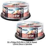 50 x Philips DVD+RW 4.7GB 120Min Rewritable 4x Speed 25s Blank Discs Spindle Tub