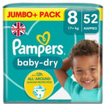 Pampers Baby-Dry Nappies, Size 8 (17kg+) Jumbo+ Pack (52 per pack)