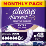 Always Discreet Sensitive Bladder Extra Secure Ultimate Night 48 (12x4Packs) 