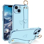 BOUFE iPhone 14 Plus Coque de téléphone avec Bracelet réglable, dragonne de Support, Joli cœur, revêtement Luxueux, Coins surélevés, Anti-Chocs, pour Femmes et Filles (Bleu)