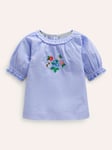 Mini Boden Kids' Floral Embroidered Ruffle Woven Top, Blue End On End