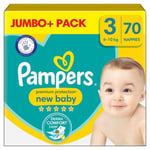 Pampers New Baby Nappies, Size 3 (6-10kg) Jumbo+ Pack (70 per pack)