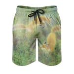 kikomia Men's Beach Shorts Vintage Fox Pair Green Leaves Print Traditional Men's Shorts with Pockets White 3XL