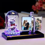 7 Color Custom 4 Photos Album Crystal Led Lamp Cute Photo Frame Night Light with Rose/Bear Anniversary Valentine's Day Mother's Day Ideas for Women Men Red Collar Bear