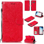Portefeuille Coque Pour Samsung Galaxy S10e Smartphone Magnétique Pu Cuir Etui Rabat Avec Fente Pour Carte Et Dragonne Dentelle Fleur Motif - Rouge