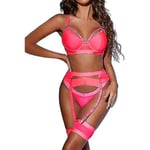 Sexig underklädesset för kvinnor 4 delar bh och trosset med strumpeband, remset underklädesset med lårband.XL.rosa