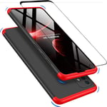 JOYTAG Compatible For Samsung A51 4G case, Tempered glass film 360 degrees ultra thin Matte All-inclusive Protection 3 in 1 PC Phone case cover-Red Black