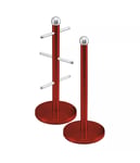 Mug Tree Cup Rack & Kitchen Roll Holder Stand Set - Red