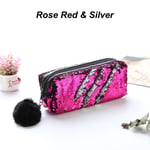 Sequins Pencil Case Mermaid Makeup Pouch Cosmetic Bag Rose Red & Silver