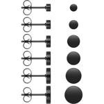 6 par svarta örhängen i rostfritt stål, unisex, runda, platta örhängen med stift för män och kvinnor (3 mm - 8 mm), rostfritt stål