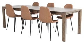 Venture Design Slider Spisebord m. uttrekk, Røkt Eik med 6 Polar-stoler, Brun