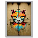 Vibrant Symmetrical Street Art Mural Graffiti Cat Artwork Framed Wall Art Print A4