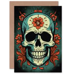 Tattoo Ink Flowers Skull for Wife Her Birthday Thank You Blank Greeting Card