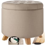 TecTake® Tabouret Repose Pied Pouf avec Rangement Pouf Salon Rond Aspect Lin jusqu'à 150 kg Pieds en Bois Couvercle Amovible Design Moderne Cosy pour Coiffeuse, Salon, Chambre, Bureau, entrée
