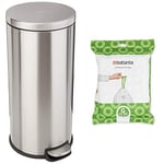 Amazon Basics Soft-Close Dustbin - Round, 30L & Brabantia PerfectFit Bin Liners (Size G/23-30 Litre) Thick Plastic Trash Bags with Tie Tape Drawstring Handles (40 Bags)