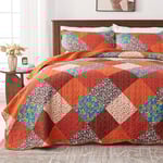Qucover Patchwork Couvre Lit Orange, Dessus de Lit et Couvre Lit 2 Personnes 240x260 cm avec 2 Taies d'oreiller 50x75 cm, Ensemble Couvre Lit Matelassé Réversible Multicouleurs Decoratif pour Chambre